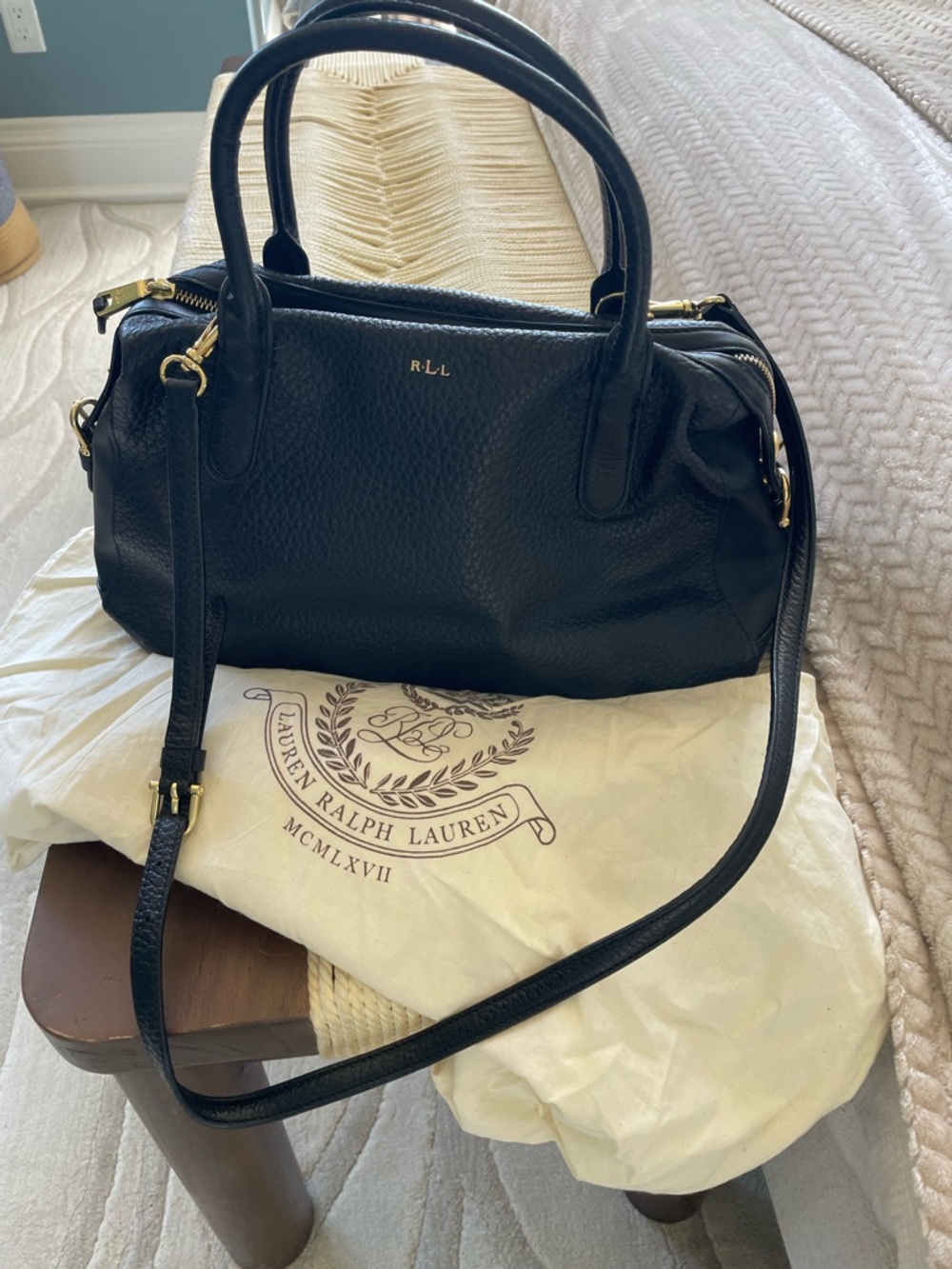 Lauren Ralph Lauren Black Pebbled Leather Satchel with Gold Hardware